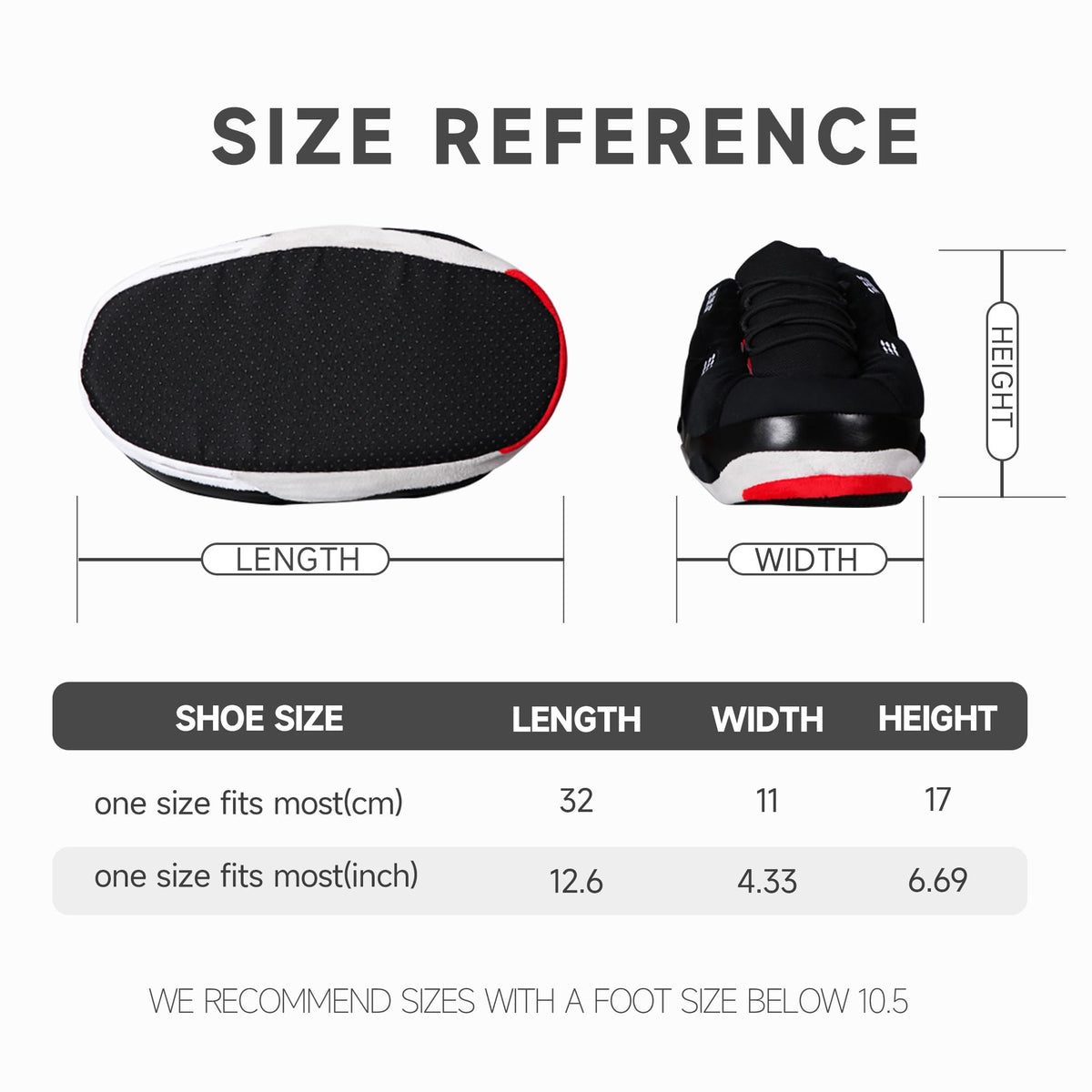 Black sneaker slippers size and dimensions guide