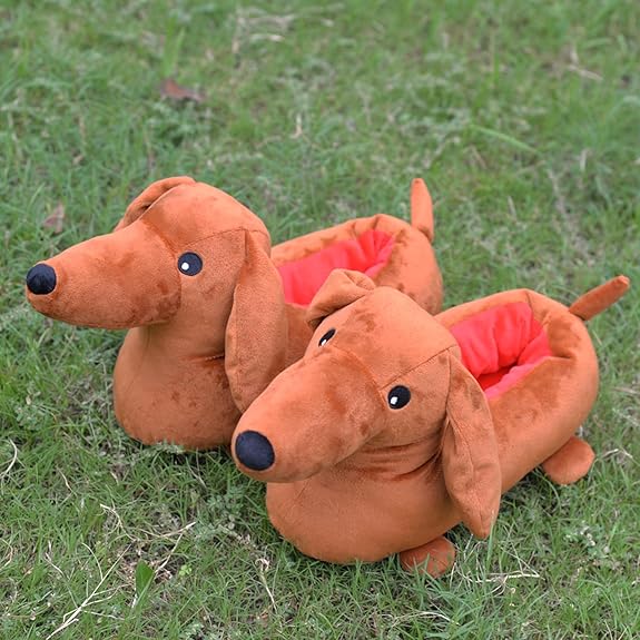 Pair of brown dachshund dog slippers with floppy ears